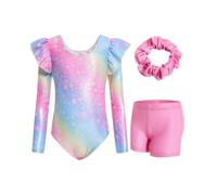 Wenlia Girls' Three-Piece Gymnastics Leotard Set, Long Sleeve Ruffle Gymnastics Leotard with Shorts and Hair Tie, Sparkling Ballet Unitards for Kids 9-10 Years