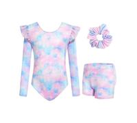 Wenlia Girls' Three-Piece Gymnastics Leotard Set, Long Sleeve Ruffle Gymnastics Leotard with Shorts and Hair Tie, Sparkling Ballet Unitards for Kids 8-9 Years