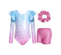Wenlia Girls' Three-Piece Gymnastics Leotard Set, Long Sleeve Ruffle Gymnastics Leotard with Shorts and Hair Tie, Sparkling Ballet Unitards for Kids 11-12Years