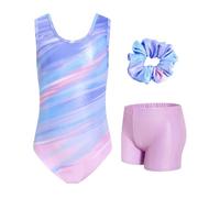 Wenlia Girls' Three-Piece Gymnastics Leotard Set, Sleeveless Gymnastics Leotard with Shorts and Hair Tie, Sparkling Ballet Unitards for Kids 6-7 Years