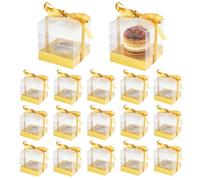 WENLISELL 24 PCS Individual Cupcake Boxes, 9x9x9cm Clear Cake Box with Base, Gold Single Cupcake Containers with Ribbon for Birthday, Wedding, Parties