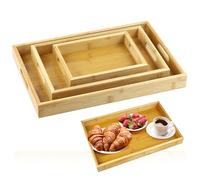 WENLISELL 3 PCS Bamboo Serving Trays with Handles, 20/30/38cm Rectangular Wooden Serving Platter Tray Set, Rustic Food Tray for Eating, Breakfast, Dinner
