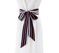 WENLOOY Women Skinny Scarf Belt, Ribbon Long Satin Belt Sash Necktie Neck Choker for Women, Stripe Navy Red, Large