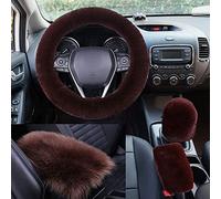 WenMei 1 Set 4 Pcs Fluffy Steering Wheel Cover&Handbrake Cover&Gear Shift Cover&Fluffy Auto Center Console Cover Faux Wool Steering Wheel Covers for Women Universal Car Interior Accessories (Brown)
