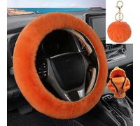 WenMei 3 Pcs Fluffy Steering Wheel Cover Set,Car Shift Knob Funny Sweater Hoodie with Fuzzy Keychain,Fur Furry Car Accessories Set for Women Interior Decor (Orange)
