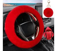 WenMei 3 Pcs Fluffy Steering Wheel Cover Set,Car Shift Knob Funny Sweater Hoodie with Fuzzy Keychain,Fur Furry Car Accessories Set for Women Interior Decor (Red)