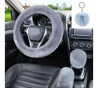 WenMei 4PCS Set Fashion Fluffy Steering Wheel Covers with Handbrake Cover & Gear Shift Cover & Plush Keychain Furry Steering Wheel Cover for Women Girl Fit Most Car, 14.96Inch (Gray)