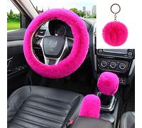 WenMei 4PCS Set Fashion Fluffy Steering Wheel Covers with Handbrake Cover & Gear Shift Cover & Plush Keychain Furry Steering Wheel Cover for Women Girl Fit Most Car, 14.96Inch (Rose red)