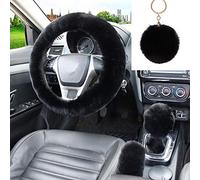 WenMei 4PCS Set Fashion Fluffy Steering Wheel Covers with Handbrake Cover & Gear Shift Cover & Plush Keychain Furry Steering Wheel Cover for Women Girl Fit Most Car, 14.96Inch (Black)
