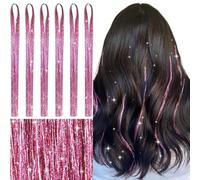 WENNAILIFE Pink 48 Inch 1200 Strand Fairy Hair Tinsel Glitter Extensions - Heat Resistant Festival Accessories for Girls' Coloured Hair