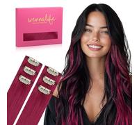 WENNALIFE Burgundy Red Clip in Hair Extensions Real Human Hair 30g 6pcs 16 Inch Colored Extensions for Kids Women Colorful Hair Pieces Pop-up Style Straight De Cabello Humano Con Clip