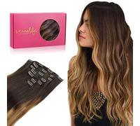 WENNALIFE Natural Hair Clip in Extensions, 60 cm 120 g 7 Pieces, Dark Brown to Chestnut and Dirty Blonde Highlighted Clip Extensions Natural Remy Hair Extensions Hair Extensions Women