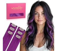 WENNALIFE Purple Clip in Hair Extensions Real Human Hair 30g 6pcs 14 Inch Colored Extensions for Kids Women Colorful Hair Pieces Pop-up Style Straight De Cabello Humano Con Clip