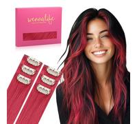 WENNALIFE Red Clip in Hair Extensions Real Human Hair 30g 6pcs 16 Inch Colored Extensions for Kids Women Colorful Hair Pieces Pop-up Style Straight De Cabello Humano Con Clip