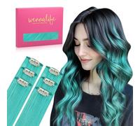 WENNALIFE Teal Green Clip in Hair Extensions Real Human Hair 30g 6pcs 14 Inch Colored Extensions for Kids Women Colorful Hair Pieces Pop-up Style Straight De Cabello Humano Con Clip