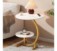 WENNEWU 2 Tier C Shaped End Table with Metal Frame Modern Design Small Round Coffee Table with Storage Versatile Side Table for Living Room & Bedroom Easy Assembly,007