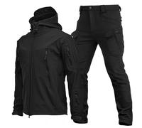 WENNEWU Winter Warm Hooded Ski Suit, Tactical Jacket and Combat Trousers Set, Men's Soft-Shell Coat, Waterproof Windproof Snowsuit 2 Sets,Black 1,S