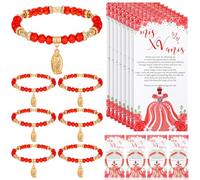 Wenqik 25 Sets Quinceanera Party Gifts Include 25 Red Crystal Lady Guadalupe Rosary Bracelet with Thank You Card and Organza Bag Mis Xv Años Birthday Sweet Party Souvenir for Guests