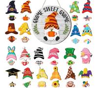 Wenqik 41 Pcs Interchangeable Gnome Decor Holiday Wooden Seasonal Gnome Decor Detachable Magnet Hat and Hand Welcome Sign for Home Decoration (Simple,Grey)