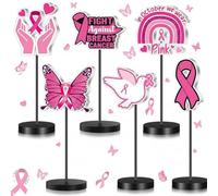Wenqik 6 Pcs Breast Cancer Awareness Decorations Standing Table Centerpieces Pink Ribbon Wooden Table Signs Fight Breast Cancer Party Supplies Pink Ribbon Decor for Charity Survivor Favors