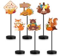 Wenqik 6 Pcs Thanksgiving Table Sign Decor Cute Style Tall Standing Wooden Block Decor Turkey Pumpkin Squirrel Bear Fox Rustic Fall Thanksgiving Centerpiece for Table Decoration Home Mantle