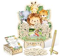 Wenqik 63 Pcs Safari Animal Baby Shower Guest Book Alternatives Set Baby Shower Decorations with Photo Frame Sonogram Frame Keepsake 60 Wood Slices Guest Book for Birthday