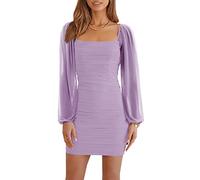 Wenrine Women's Dress Mesh Long Sleeve Square Neck Party Dress Ruched Club Cocktail Bodycon Mini Dress(Lavender,M)