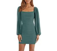 Wenrine Women's Dress Mesh Long Sleeve Square Neck Party Dress Ruched Club Cocktail Bodycon Mini Dress(Green,S)