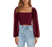 Wenrine Womens Mesh Long Sleeve Crop Tops Night Going Out Square Neck Off The Shoulder Ruched Shirt Blouses Dressy Casual, Wine Red, M