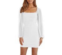 Wenrine Women's Mesh Long Sleeve Square Neck Ruched Party Club Cocktail Bodycon Mini Dress, White, Small