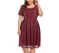 Wenrine Women's Sequins Plus Sizes Mini Dress Short Sleeve Round Neck Plus Size Party Dress Pleated A Line Cocktail Dress, wine red, XXL Plus