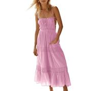 Wenrine Womens Summer Beach Dresses Backless Spaghetti Straps Self Tie Tiered Flowy Casual Maxi Dress with Pockets Pink, Pink, L
