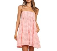 Wenrine Womens Summer Plaid Mini Dress Casual Spaghetti Strap Sleeveless A Line Beach Sundress with Pockets, Pink, S
