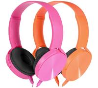 Wensdo Kids Headphones 2 Pack for School Classroom K-12, Durable Wired Student Computer Online Learning Headset for Laptop Library Airplane and Travel (Pink+Orange)