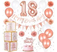 Wensdr 30th Birthday Decorations Rose Gold 30 Year Old Happy Birth Party Supplies Set with Banner Pennant Flags Cake Topper Paper Pom Poms and Balloon (18th Pink Birthday)