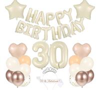 Wensdr 30th Birthday Decorations Set Party Cream Balloons Number 30 Balloons Glamorous Sash and Rhinestone Tiara Crown for Women Birthday Party Supplies