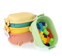 Wensdr 4 Packs Cartoon Toy Storage Bin Box with Lid,Plastic Stackable Containers Car Shape Toy Storage Organizer Box (10.4x6.9x5.7 in)