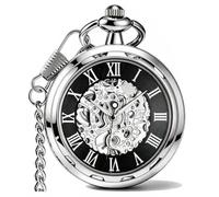 WENSHIDA Pocket Watch Open Face Skeleton Men Antique Bronze Mechanical/Hand-Wind Chain Box (3.Hand Wind, Silver Black Open Face, HBH144)