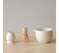WENSHUO Matcha Whisk Set, Ceramic Matcha Bowl & Whisk Holder, Bamboo Accessory, Modern Design (Matte Crème, Pouring Spout)