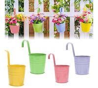 Wensmy 4pcs Metal Hanging Flower Pots with Detachable Hook Balcony Flower Bucket Wall Planter Garden Planters With Drainage Hole for Balcony Fence Home Decor (Pink, Purple, Green, Yellow)