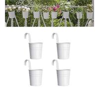 Wensmy 4PCS Metal Hanging Plant Flower Pots with Drainage Hole Fence Balcony Railing Planters Outdoor Garden Pots with Detachable Hooks (White)