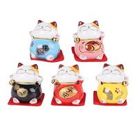 Wensmy 5Pcs Mini Maneki Neko Set Chinese Japanese Fengshui Cat Statue Innovative Lucky Fortune Cat for Car Interior Table Decor Ceramic Kitten Cat Dashboard Ornament