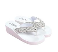 Wensmy Women's Wedge 5cm Flip Flops Sandals with Pearl Diamond Strap Non-slip Beach Shoes Slip On Toe Post Slippers (White, Adult, Women, 6, Numeric, UK Footwear Size System, Medium)