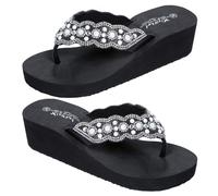 Wensmy Women's Wedge 5cm Flip Flops Sandals with Pearl Diamond Strap Non-slip Beach Shoes Slip On Toe Post Slippers (Black, Adult, Women, 5, Numeric, UK Footwear Size System, Medium)