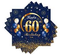 Wentsent Blue Gold 60th Birthday Napkins - 40 Pcs Disposable Party Serviettes, Tissue Cocktail Napkins for Men Women, Table Decorations