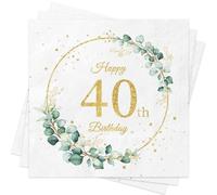 Wentsent Sage Green 40th Birthday Napkins for Women Men,Green Gold Eucalyptus Serviettes for Birthday Cocktail Party Decoration