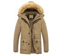 WenVen Men's Thickened Long Sleeve Jacket Warm Cotton Quilted Coat Insulated Fleece Lining Jackets Hooded Windproof Coat Khaki S