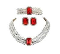 wenwendianzi Imitation Gem Pearl Multi-layer Bead Bead Necklace Earring (Red)