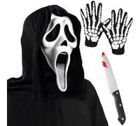 WENXIN Halloween Horror Scream Mask Knife Set,Screamer Mask,Black Gloves and Fake Bloody Knife,Ghost Face Mask for Children and Adults,Halloween Costume Cosplay Decor Prop