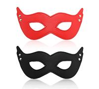 Wenxishangmao 2Pcs Masquerade Mask Leather, PU Leather Eye Mask with Elastic Rope, for Man Women Couple (Black+Red)